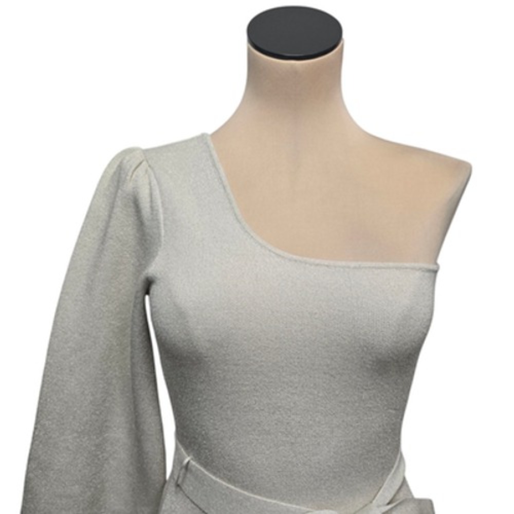 Lulus Dress Womens Medium White One‎ Shoulder Midi Knit Metallic Belted Party S - Picture 8 of 10